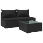 Set Divani da Giardino 3 pz con Cuscini in Polyrattan Nero