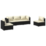 Set Salotto da Giardino 5 pz con Cuscini in Polyrattan Nero