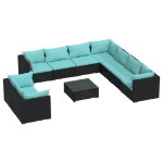 Set Salotto da Giardino 10pz con Cuscini in Polyrattan Nero