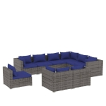 Set Divani da Giardino 9 pz con Cuscini in Polyrattan Grigio