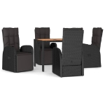 Set Pranzo Giardino 5pz Nero Polyrattan Legno Massello Acacia