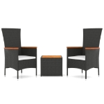 Set Mobili Giardino 3pz Nero Polyrattan e Legno Massello Acacia