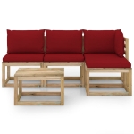 Set Salotto da Giardino 5 pz con Cuscini Rosso Vino