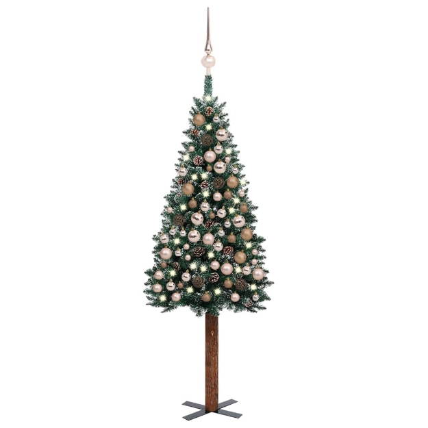 Albero Natale Artificiale Sottile LED e Palline Verde 180 cm