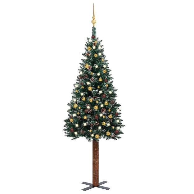 Albero Natale Artificiale Sottile LED e Palline Verde 180cm