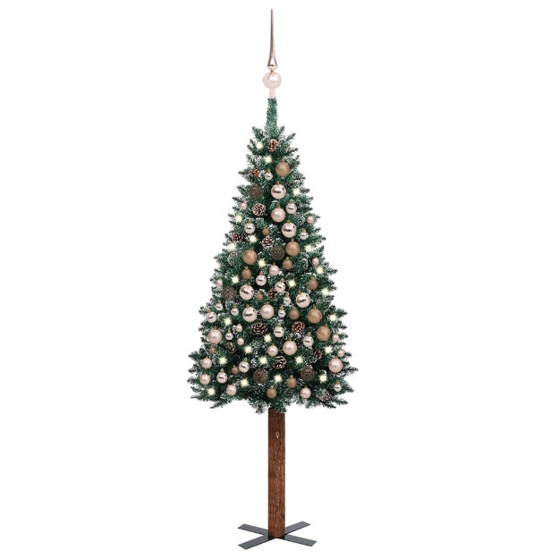 Albero Natale Artificiale Sottile LED e Palline Verde 210 cm