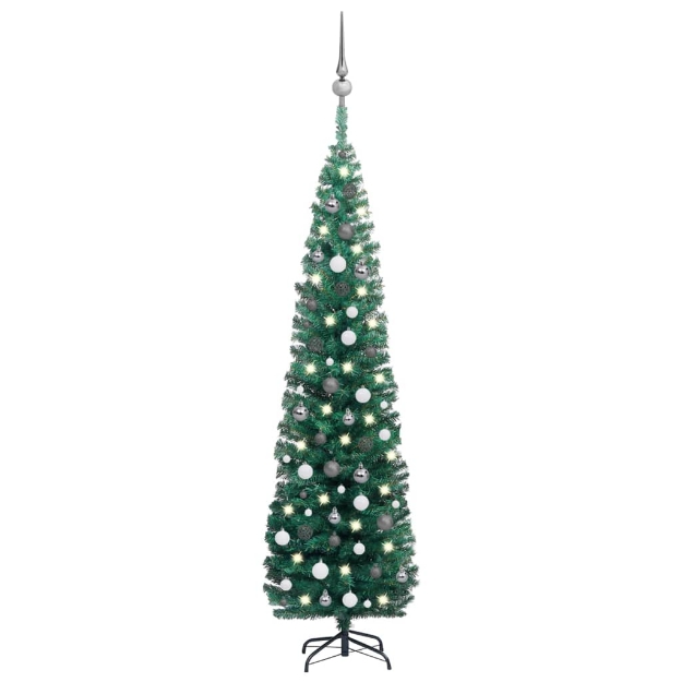 Set Albero di Natale Sottile con Luci LED e Palline Verde 210cm