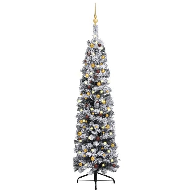 Set Albero di Natale Sottile con Luci LED e Palline Verde 210cm