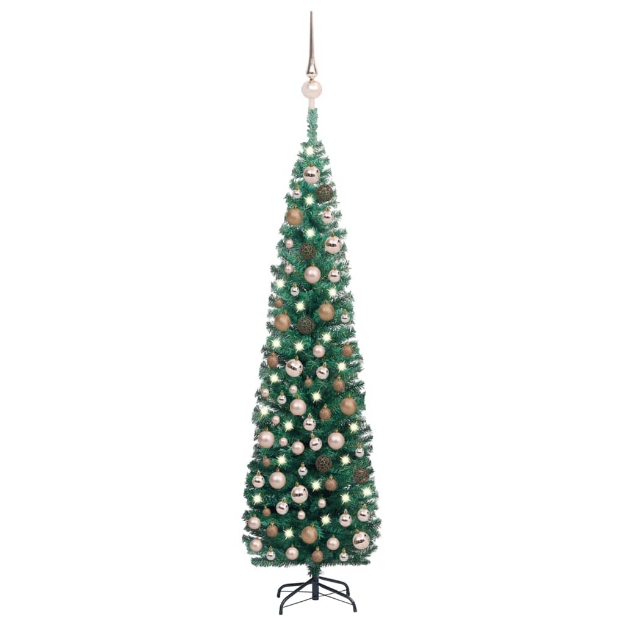 Set Albero di Natale Sottile con Luci LED e Palline Verde 210cm