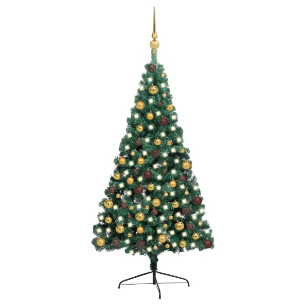 Set Albero Natale Artificiale a Metà LED e Palline Verde 210 cm