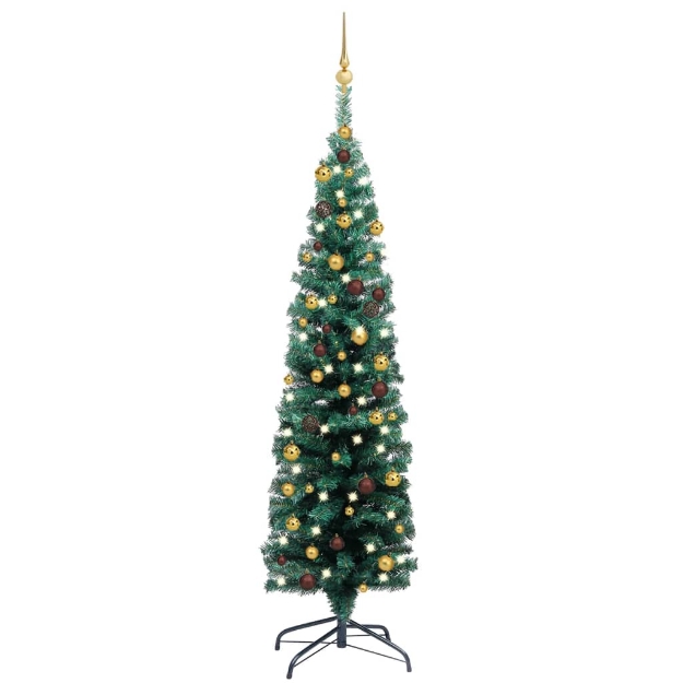 Set Albero Natale Artificiale Sottile LED e Palline Verde 150cm