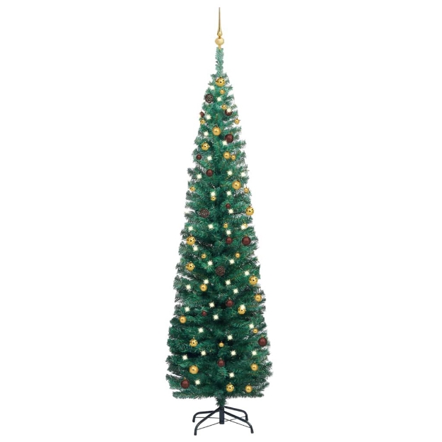 Set Albero Natale Artificiale Sottile LED e Palline Verde 240cm