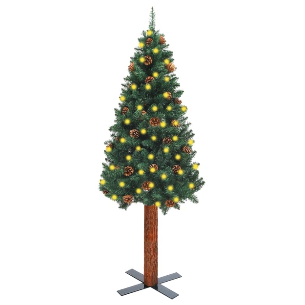 Albero di Natale Sottile con Legno Vero e Pigne Verde 210 cm