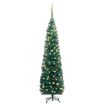 Albero di Natale Sottile Preilluminato con Palline Verde 180 cm