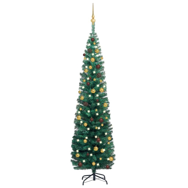 Albero di Natale Sottile Preilluminato con Palline Verde 180 cm