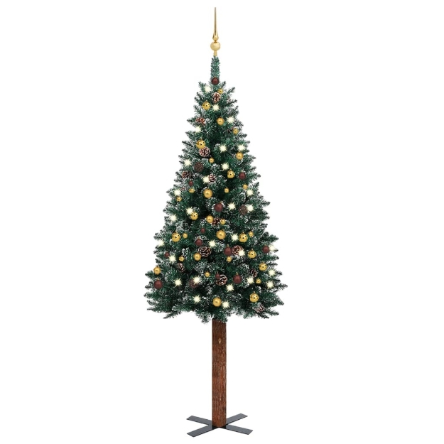 Albero di Natale Sottile Preilluminato con Palline Verde 210 cm