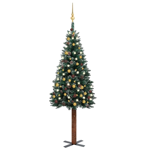 Albero di Natale Sottile Preilluminato con Palline Verde 150 cm