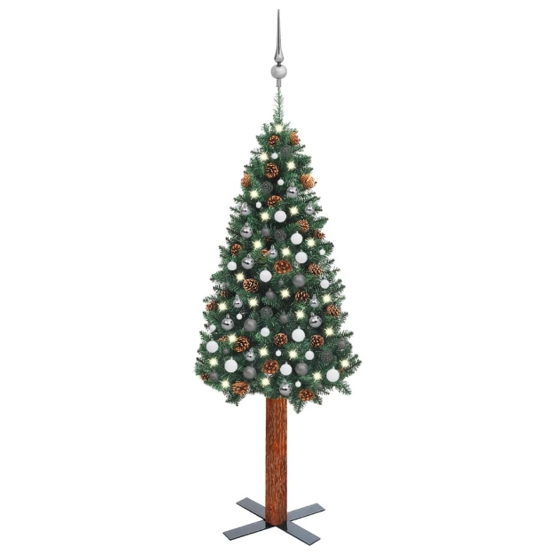 Albero di Natale Sottile Preilluminato Palline Verde 210 cm PVC