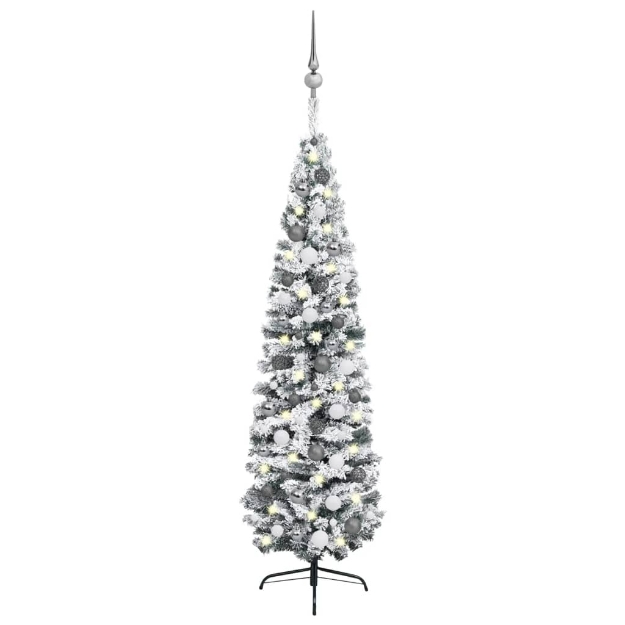 Albero di Natale Sottile Preilluminato con Palline Verde 210 cm