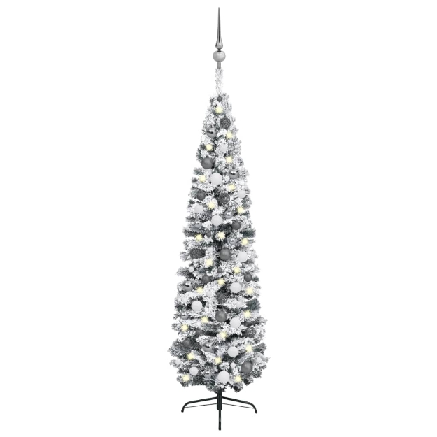 Albero di Natale Sottile Preilluminato con Palline Verde 180 cm