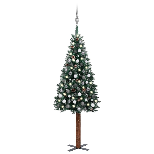 Albero di Natale Sottile Preilluminato con Palline Verde 210 cm