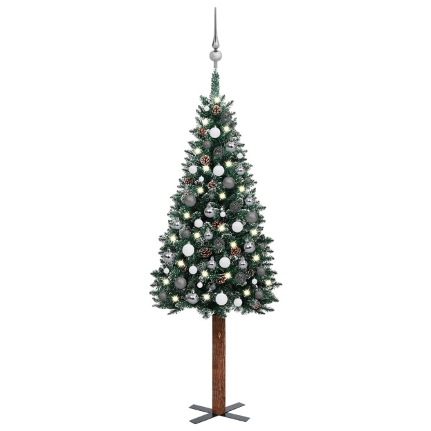 Albero di Natale Sottile Preilluminato con Palline Verde 150 cm