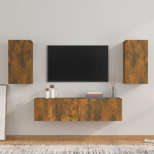 Set di Mobili Porta TV 4 pz Rovere Fumo in Legno Multistrato