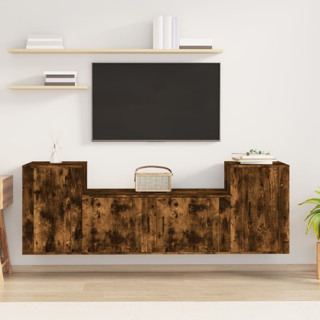 Set Mobili Porta TV 3 pz Rovere Fumo in Legno Multistrato