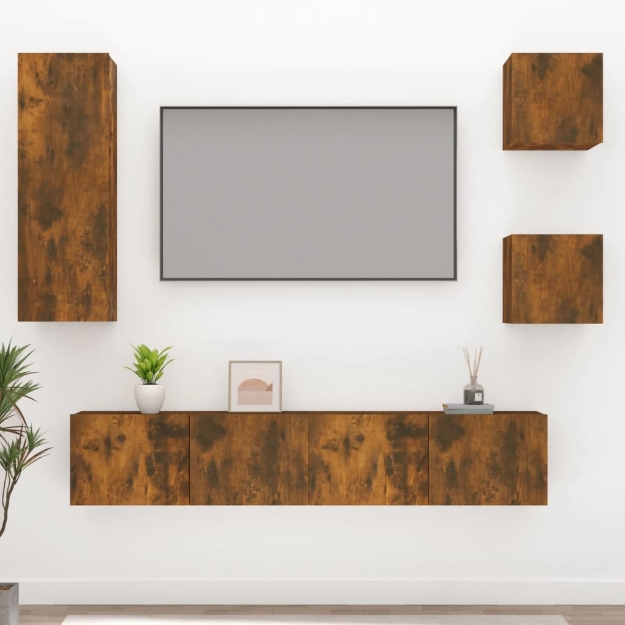 Set di Mobili Porta TV 5 pz Rovere Fumo in Legno Multistrato