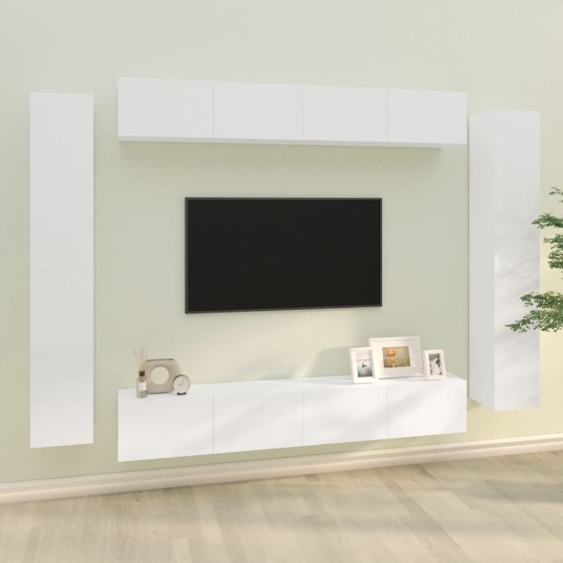 Set Mobili Porta TV 8pz Bianco Lucido in Legno Multistrato