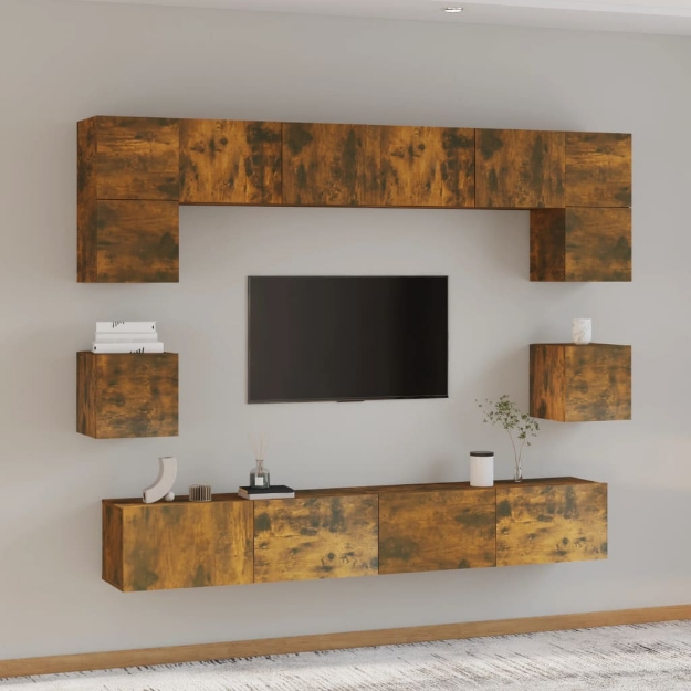 Set Mobili Porta TV 8pz Rovere Fumo in Legno Multistrato