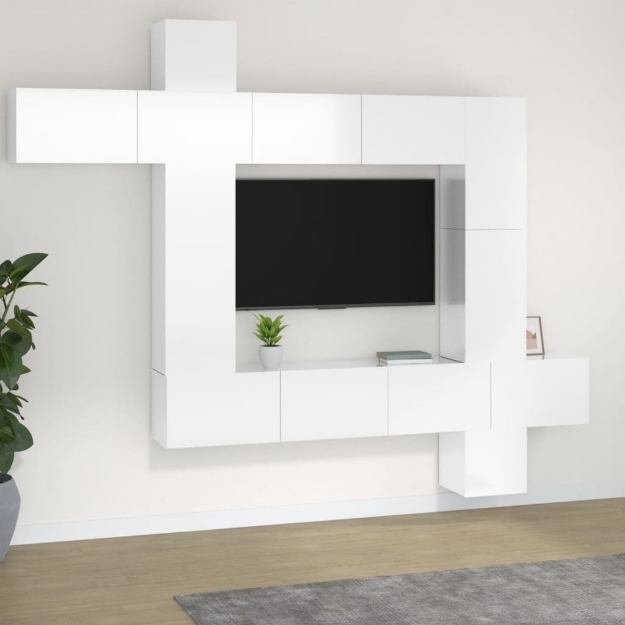 Set Mobili Porta TV 9 pz Bianco Lucido in Legno Multistrato