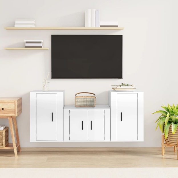 Set Mobili Porta TV 3 pz Bianco Lucido in Legno Multistrato