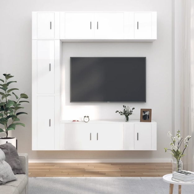 Set di Mobili Porta TV 7 pz Bianco Lucido in Legno Multistrato