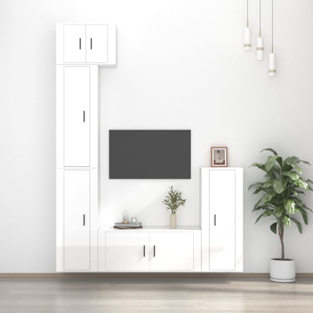 Set di Mobili Porta TV 5 pz Bianco Lucido in Legno Multistrato