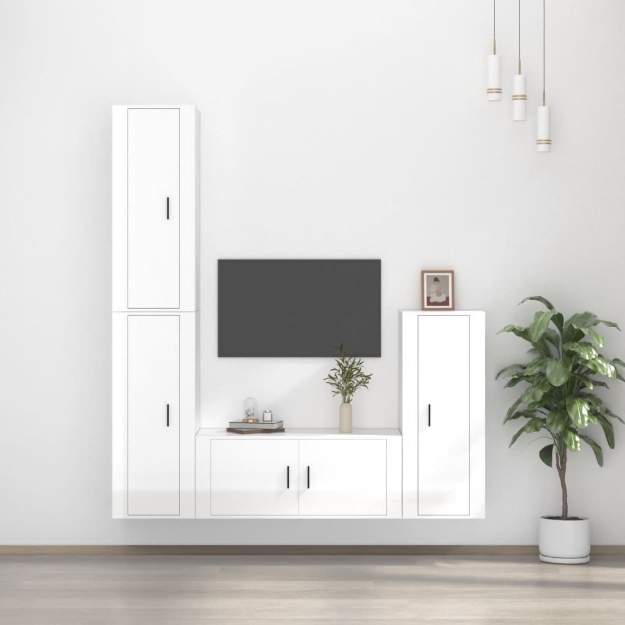 Set di Mobili Porta TV 4 pz Bianco Lucido in Legno Multistrato