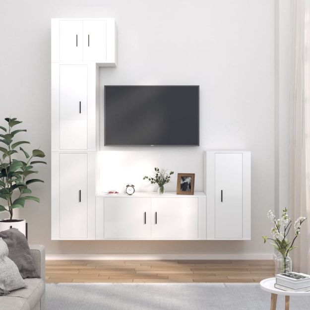 Set di Mobili Porta TV 5 pz Bianco Lucido in Legno Multistrato