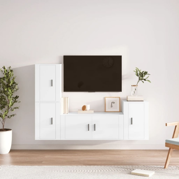 Set di Mobili Porta TV 4 pz Bianco Lucido in Legno Multistrato