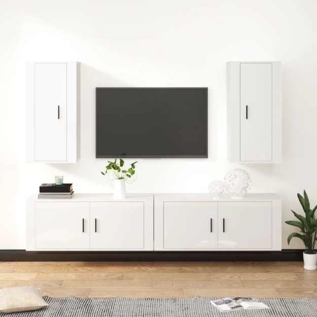 Set di Mobili Porta TV 4 pz Bianco Lucido in Legno Multistrato