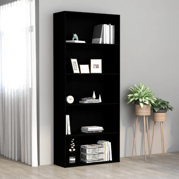 Libreria a 5 Ripiani Nera 80x30x189 cm in Legno Multistrato