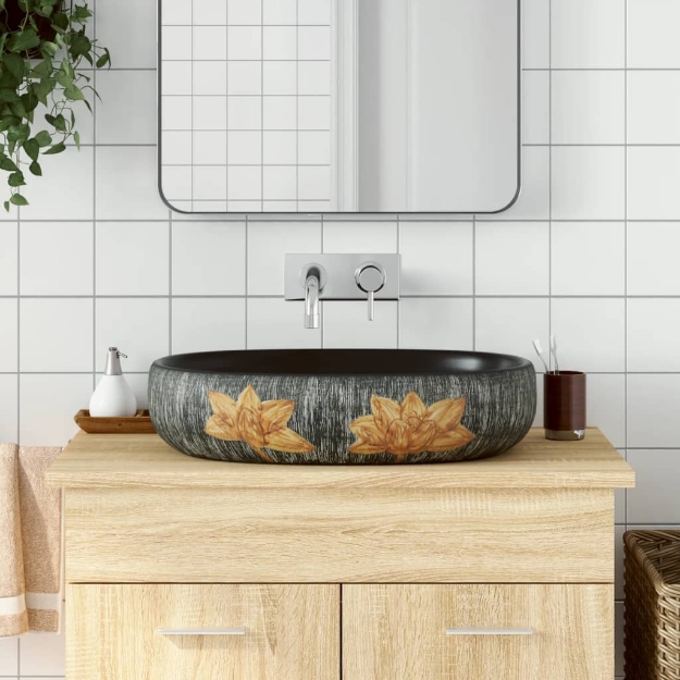 Lavabo da Appoggio Grigio e Nero Ovale 59x40x14 cm Ceramica