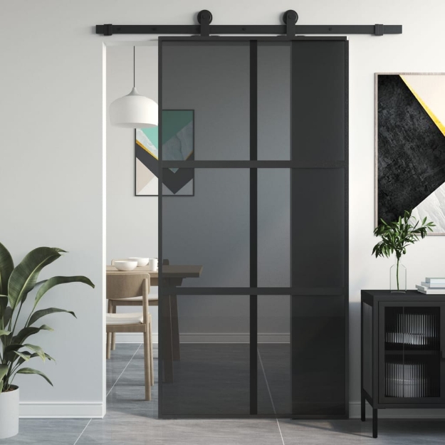 Porta Scorrevole Nera 102,5x205 cm Vetro Temperato e Alluminio