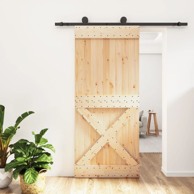 Porta Scorrevole con Set Hardware 90x210 cm Legno Massello Pino