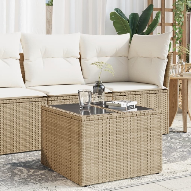 Tavolo da Giardino Piano in Vetro Beige 55x55x37 cm Polyrattan