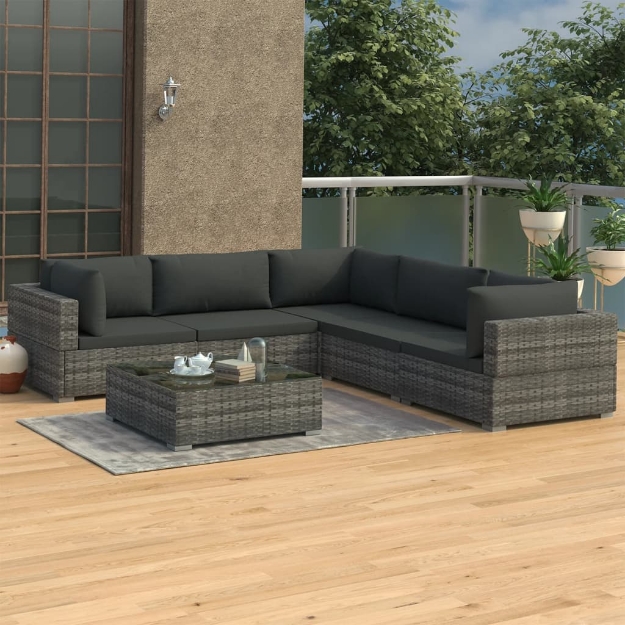 Set Divani da Giardino 6 pz con Cuscini in Polyrattan Grigio