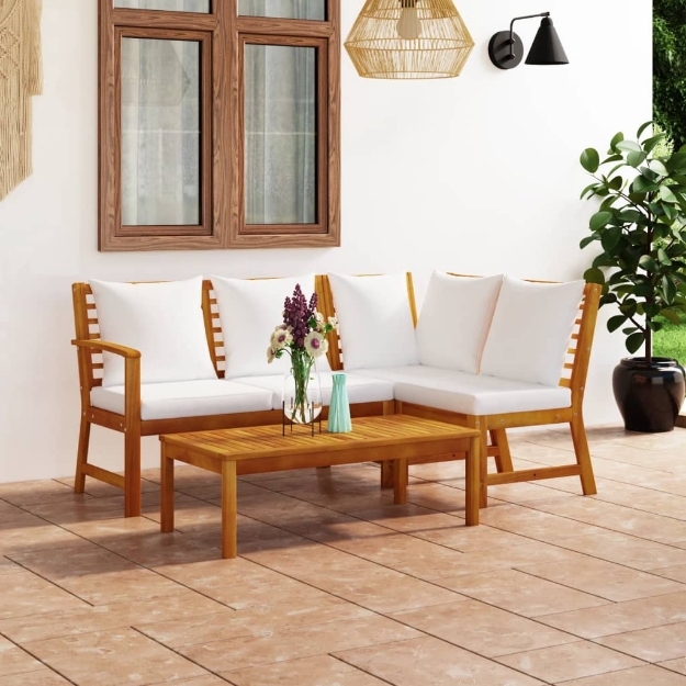 Set Divani da Giardino 4 pz con Cuscini Crema in Legno Acacia