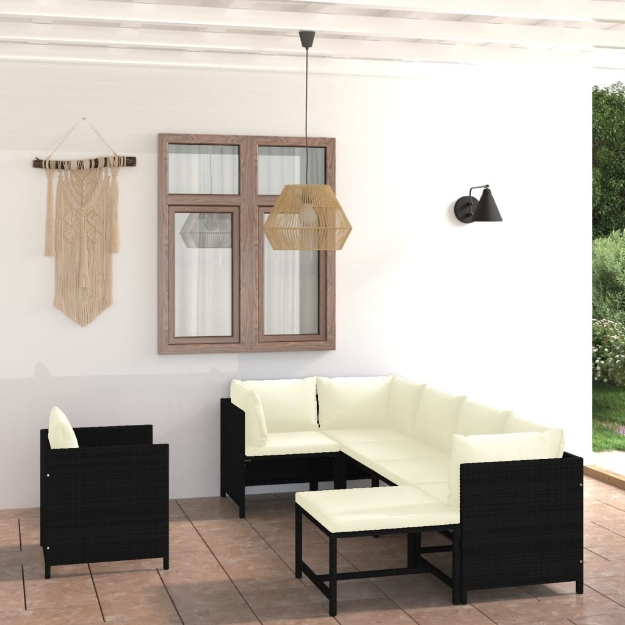 Set Divani da Giardino 7 pz con Cuscini in Polyrattan Nero