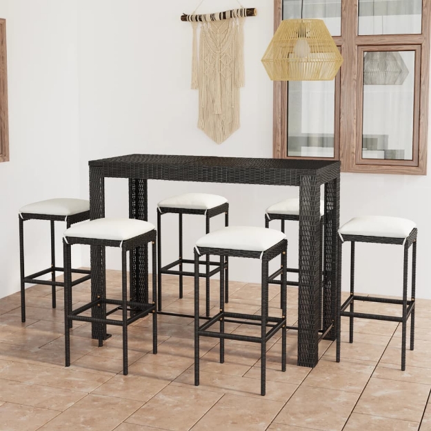 Set Bar da Giardino 7 pz con Cuscini in Polyrattan Nero