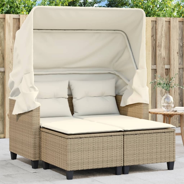 Divano Giardino 2 Posti Baldacchino e Sgabelli Beige Polyrattan