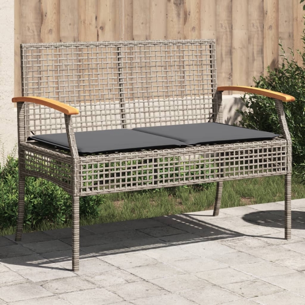 Panca da Giardino con Cuscino Grigia Polyrattan e Legno Acacia